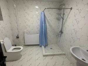 a bathroom with a shower with a toilet and a sink at Samarkand Hostel in Samarkand