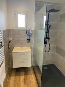 a bathroom with a sink and a shower at Bienvenue chez Oslo in Biscarrosse