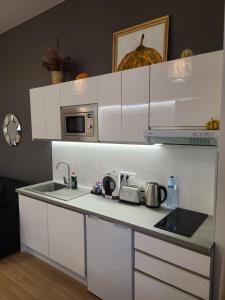 uma cozinha branca com um lavatório e um micro-ondas em Las Artes Hlius Luxury Apartments em Valência
