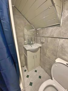 a small bathroom with a toilet and a sink at 1 Bedroom Apartment by London Stratford in London
