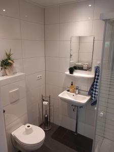 La salle de bains blanche est pourvue de toilettes et d'un lavabo. dans l'établissement Dorpszicht Yerseke centrum, à Yerseke
