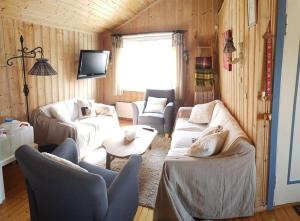 a living room with two couches and a tv at Idyllic lakeside cabin (hytte) in Horten