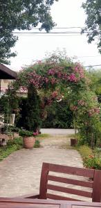 Casa Colinelor في Urlaţi: مقعد خشبي أمام حديقة بها زهور وردية