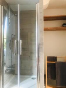 W łazience znajduje się prysznic ze szklanymi drzwiami. w obiekcie LE SAINT LEONARD w mieście Montceaux-lès-Provins