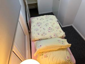 Zimmer mit 2 Betten und einem Spiegel in der Unterkunft Rooftop Apartment in Crystal Palace