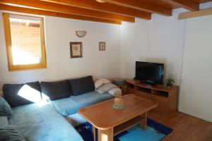 a living room with a couch and a tv at Koča Kopriva in Križe