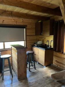 una cucina con bancone e sgabelli in una cabina di Brvnara Plavnica 