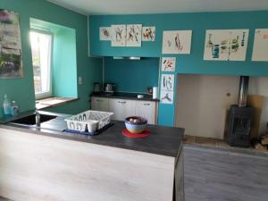a kitchen with green walls and a counter top at maison en pierre chaleureuse in Jumilhac-le-Grand