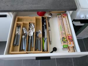 a drawer filled with utensils in a kitchen at Monteurwohnung und Ferienwohnung TMS 18 O in Wefensleben