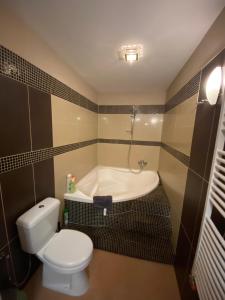 łazienka z toaletą i wanną w obiekcie Best Location in the Heart of the City, 2 bedrooms, 2 bathrooms w Budapeszcie +41 zdjęć