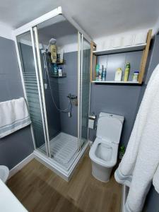 a small bathroom with a shower and a toilet at Casa Virginia entre mar y montaña in La Paz