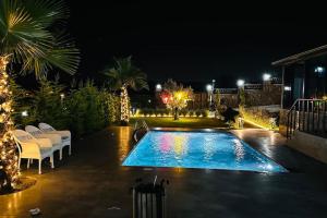 - une piscine dans un jardin la nuit dans l'établissement Black Swan Villas Kadıllı, à Gebze