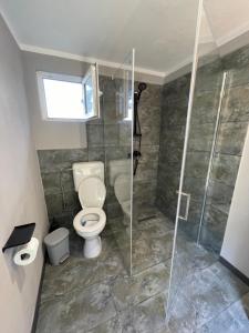 a bathroom with a toilet and a glass shower at WINE ROAD GLAMPING in Cuvin