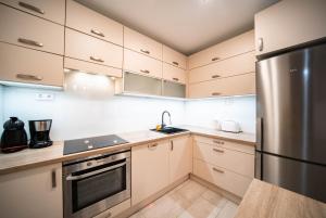 Een keuken of kitchenette bij Free parking Práter Apartment, fast Wi-Fi, AC, TV