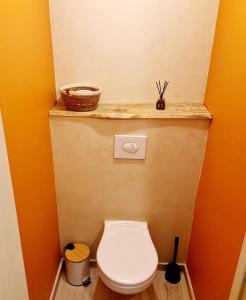 a small bathroom with a toilet with a counter at Le murmure des Lucioles in Hamoir +5 photos