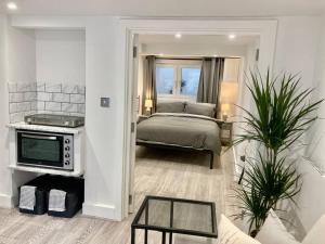 a living room with a bed and a television at Brighton Palms 2 in Brighton & Hove