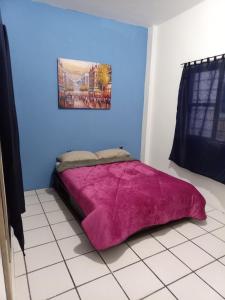 Bett in einem Zimmer mit einer lila Decke in der Unterkunft Azul y buenas noches in Orizaba