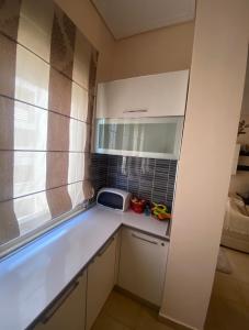 a small kitchen with a counter and a sink at L'odore del mare in Vlorë +65 photos