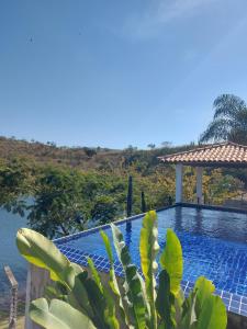 a swimming pool in a villa with a cactus at Suítes Canaã in Capitólio