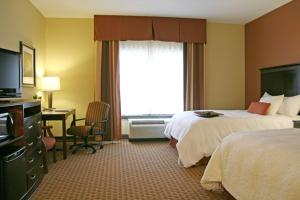 a hotel room with two beds and a desk and a window at Hampton Inn & Suites Sevierville at Stadium Drive in Kodak