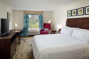 a hotel room with a bed and a desk and a television at Hilton Garden Inn Arcadia/Pasadena Area in Arcadia