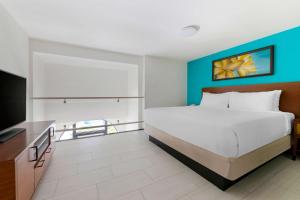 a bedroom with a large bed and a blue wall at Hilton Vacation Club Royal Palm St Maarten in Simpson Bay