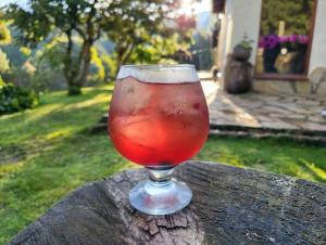 una bebida en una copa sentada sobre una mesa en Un paraíso en la montaña Bogotá Verjon Via La Calera en Bogotá
