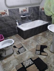La salle de bains est pourvue d'une baignoire, de toilettes et d'un lavabo. dans l'établissement شقه فندقيه بغرفتي نوم اول نمره من البحر كافيه البارون, à Alexandrie