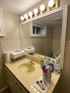 a bathroom with a sink and a large mirror at Spacious Guest house -walkout Basement- 4 guests! -dedicated workspace-No Pet! No Cooking! No Smoking! No Party! in Ottawa