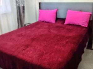 1 dormitorio con cama roja y almohadas rosas en BE MY GUEST - Homestay ApartmentS Guest HouseS Sleeping Rooms, en Antalya