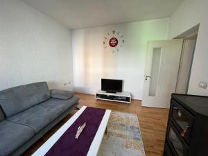 Kukes Apartment Hotel في Kukës: غرفة معيشة مع أريكة وساعة على الحائط