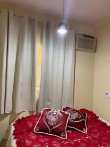 1 dormitorio con 1 cama roja y 2 almohadas en Apartamento Encantador B en Montes Claros