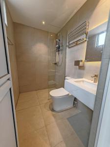 a bathroom with a toilet and a sink and a shower at V Boutique Hotel Seremban in Seremban