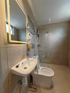 a bathroom with a sink and a toilet and a mirror at V Boutique Hotel Seremban in Seremban