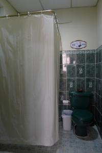 y baño con aseo verde y ducha. en Matagalpa Tours Guest House en Matagalpa