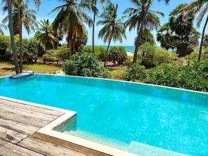 een zwembad met uitzicht op de oceaan en palmbomen bij Vandalous Bay in Pasikuda