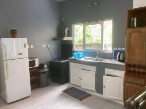 a kitchen with a white refrigerator and a sink at bungalow les cases près de la Mare à joncs in Cilaos