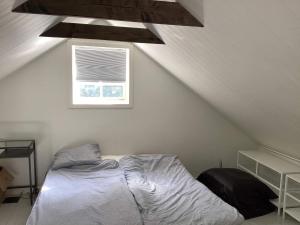 ein Schlafzimmer mit einem Bett im Dachgeschoss in der Unterkunft Holiday home SVENLJUNGA in Tranemo