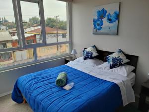 a bedroom with a blue bed with two windows at Departamento en Temuco in Temuco