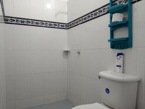 a bathroom with a white toilet and a blue shelf at Cabañas MaryMar in Necoclí