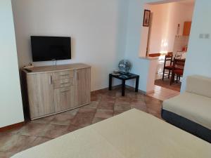 a living room with a flat screen tv on a cabinet at Apartments Naki - free parking in Slatine