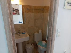 bagno con lavandino, servizi igienici e specchio di Serifos Palace a Livadakia