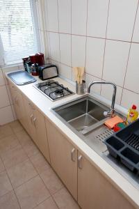 een aanrecht met een wastafel en een fornuis bij My Cozy Place in Boekarest