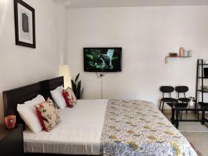 a bedroom with a bed with a tv on the wall at Krishna Nivaas Homestay in Vrindāvan
