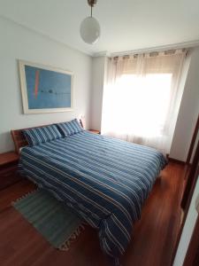 a bedroom with a bed with a blue striped comforter and a window at Apartment with parking "Hola Oviedo" in Oviedo