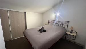 um quarto com uma cama com uma luz sobre ela em La villa De Lina 509 -Self Check In - em Gallargues-Le-Montueux