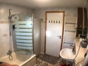 La salle de bains est pourvue d'une douche et d'un lavabo. dans l'établissement Ferienwohnung Zum Wenning mit Garten in Stadtlohn, à Stadtlohn