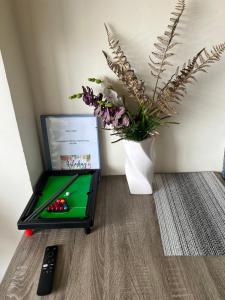 un billard vert avec un vase de fleurs et une carte dans l'établissement Cozy Studio, super fast internet, workspace and washer, à Cebu