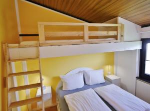 Un dormitorio con dos literas y una escalera. en Ferienhaus Diemelquelle - mit eingezäuntem Garten, en Willingen 33 fotos más