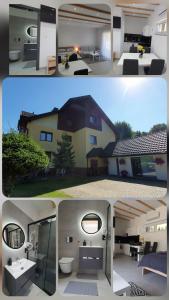 two pictures of a house with a bathroom and a bedroom at Willa Lawenda- Przytulny Domek in Rytro